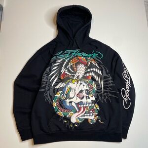 Vintage Y2K Ed Hardy Skull Eagle Graphic Black Cotton Hoodie Large Grunge Goth